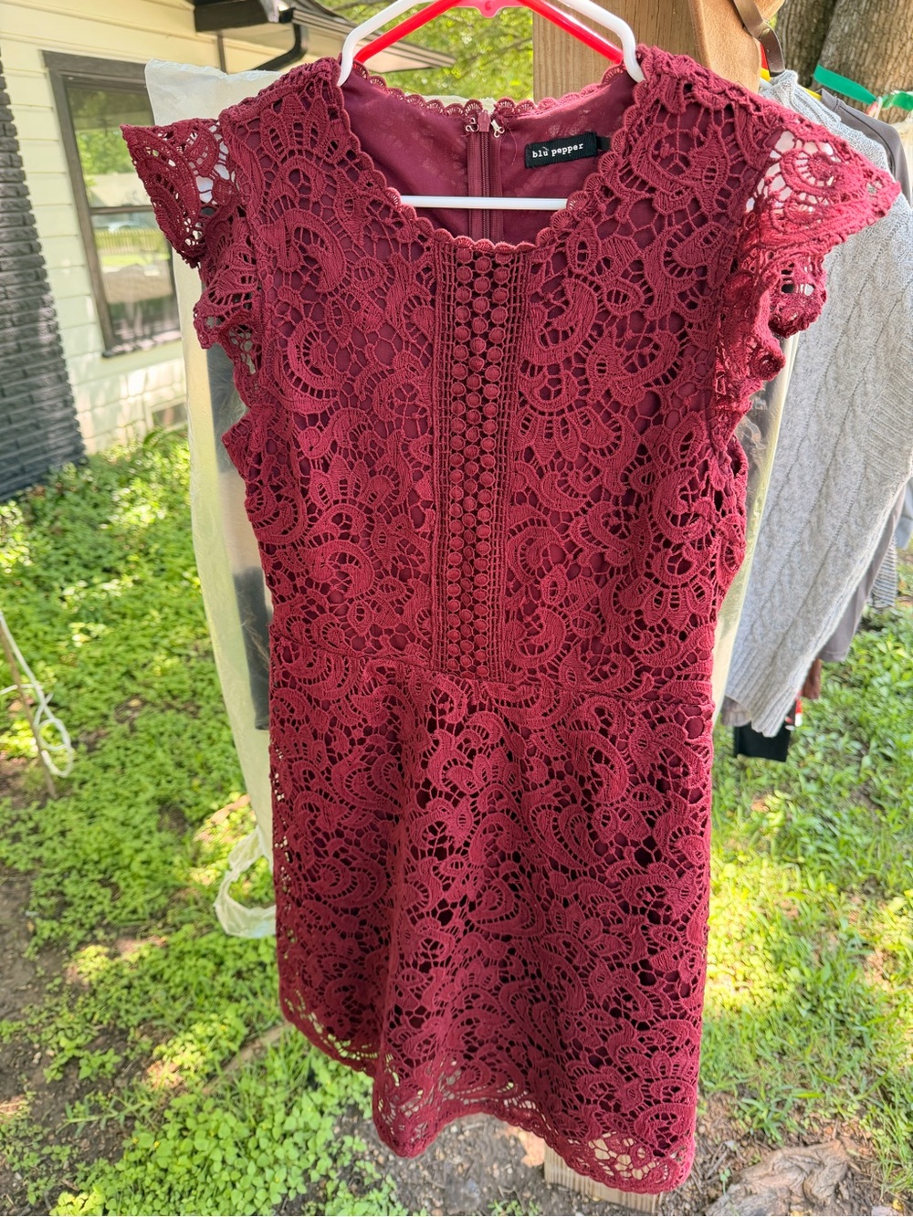 Blu Pepper Burgundy Lace Cap-Sleeve Fit & Flare Mini Dress
